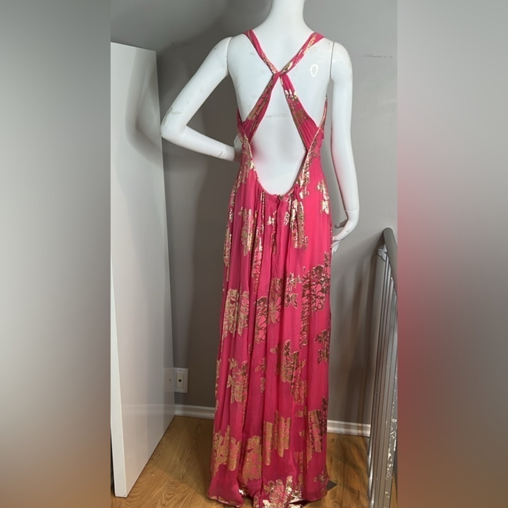 Xscape Sz 10 Pink Silk Gold Lurex Full Length Sleevles Gown Maxi Dress - Picture 3 of 14